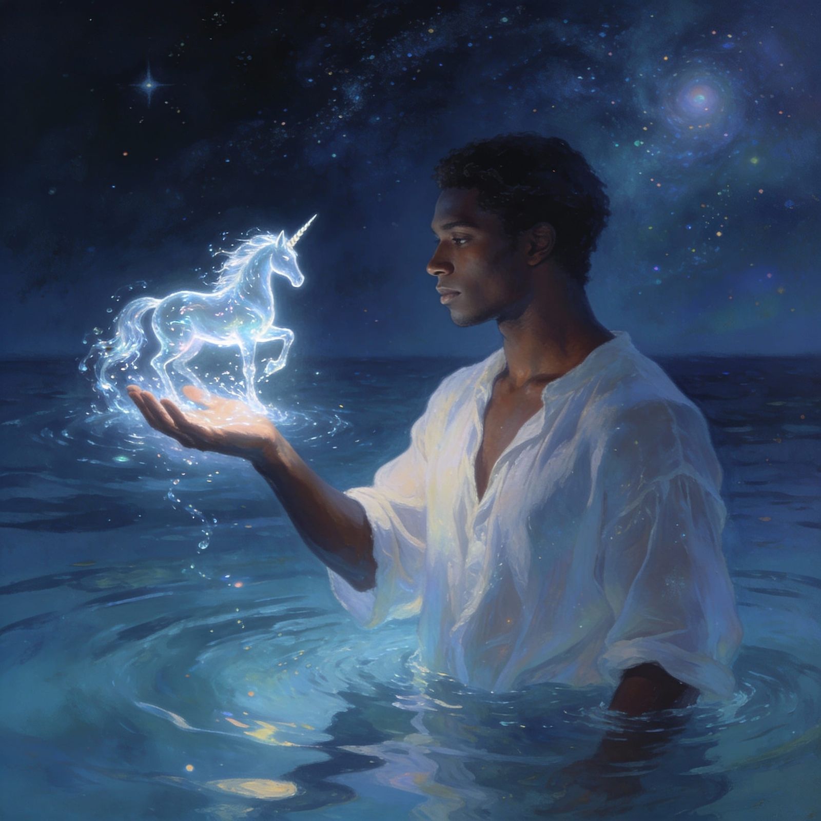Man Holds Water Unicorn in Ethereal Night Scene