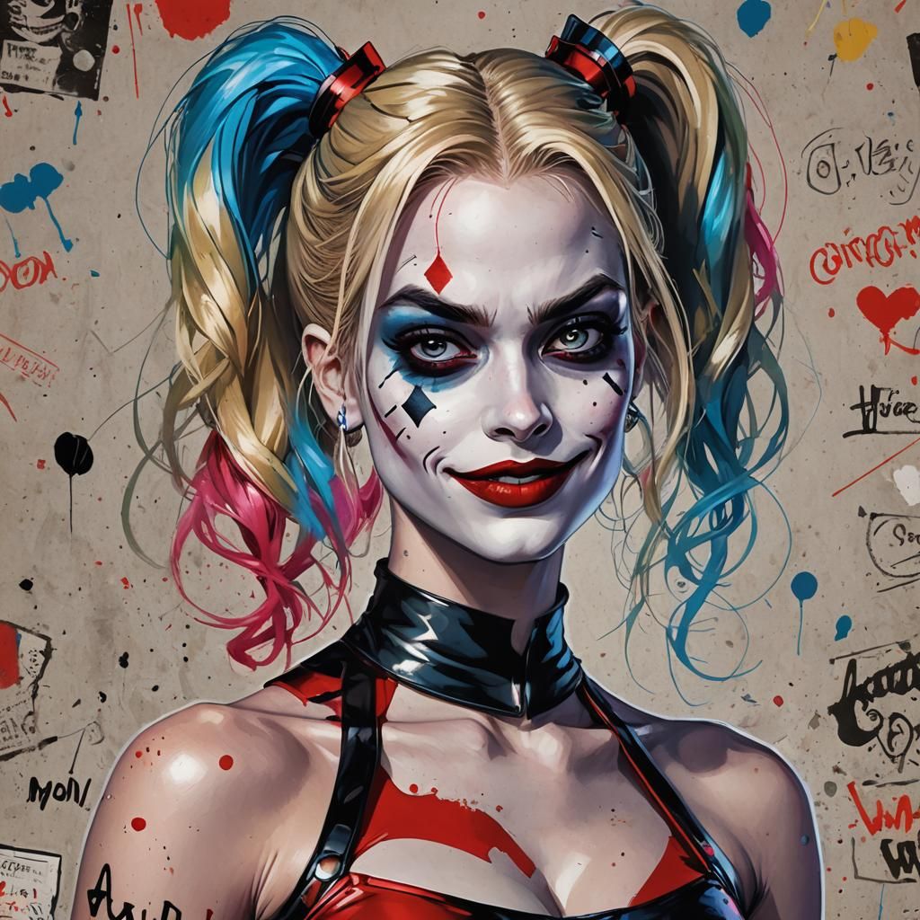 Harley Quinn, retrato de cuerpo entero rostro hermoso, proporciones perfectas y linda caminata, pose dinámica, fondo de ...