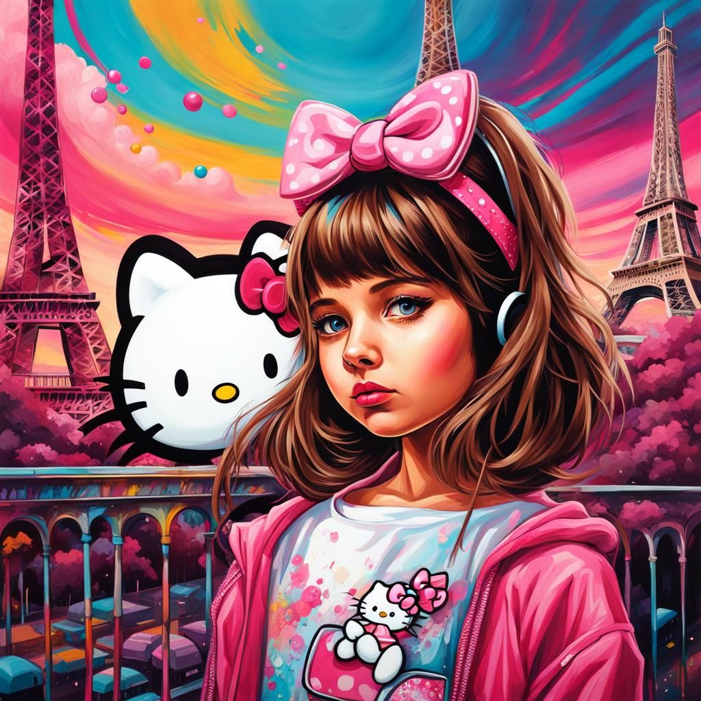Girl with Hello Kitty Headband in Graffiti Style