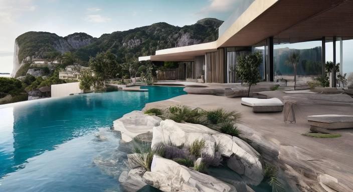 Minimalist Villa with Pool and Courtyard by the Sea