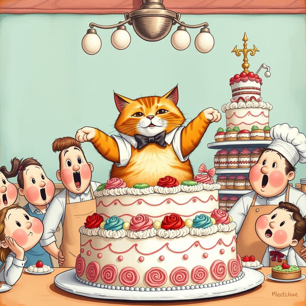 Orange Cat Cake Dive: Whimsical Illustration