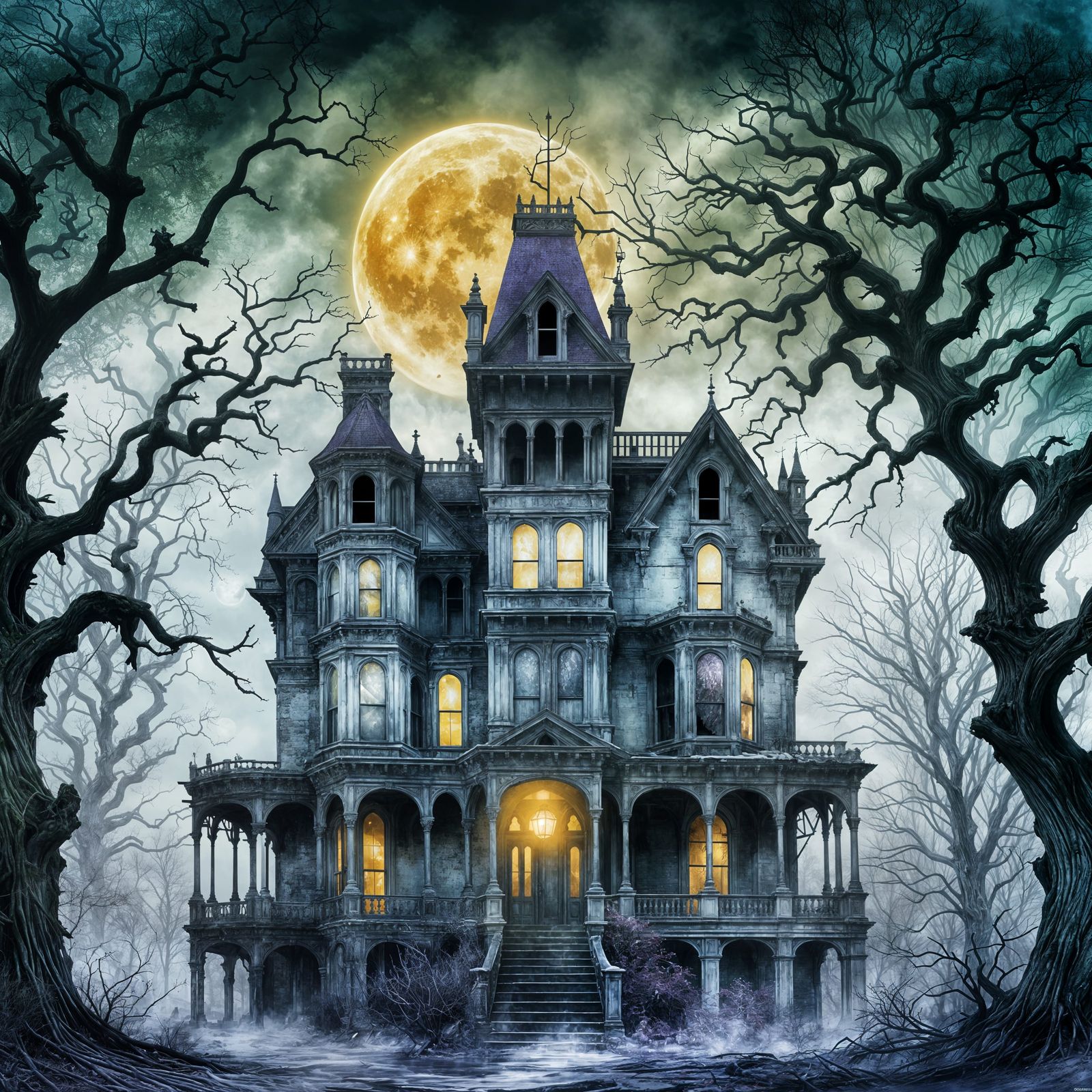 Haunted Victorian Mansion in Digital Watercolor Style