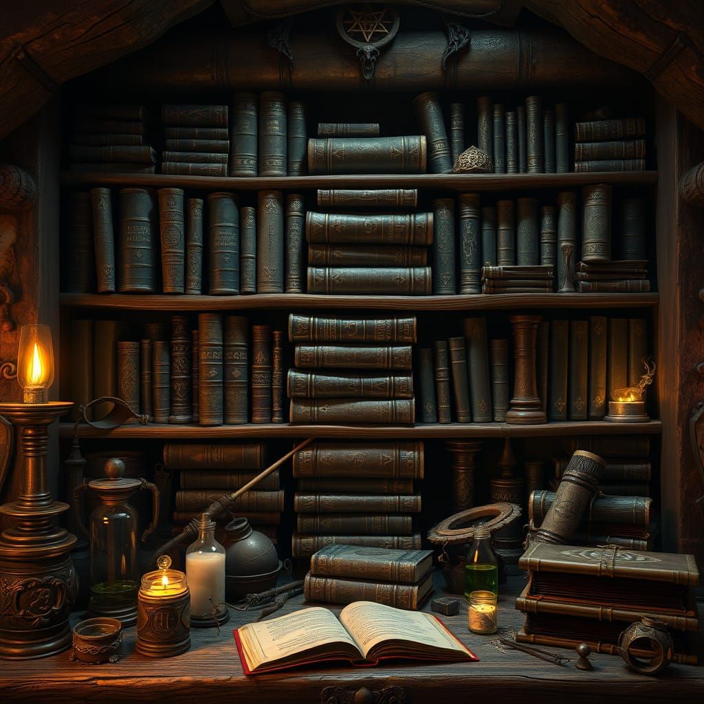 Mystical Bookshelf of Ancient Tomes and Magical Supplies