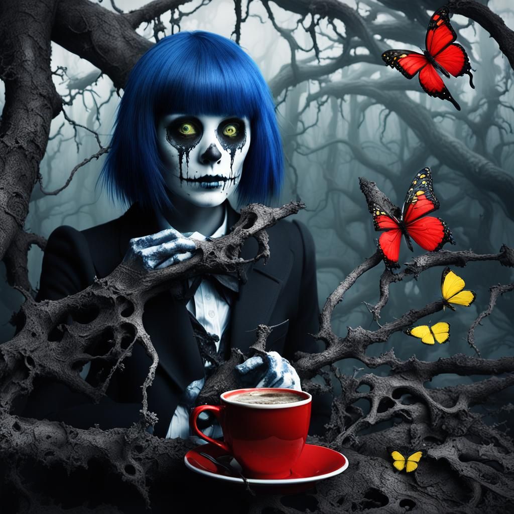 Gothic Model in Decayed VR Coffee Shop