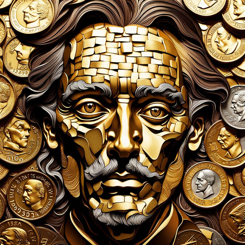 Surreal Face of Coins and Bills in Chiaroscuro