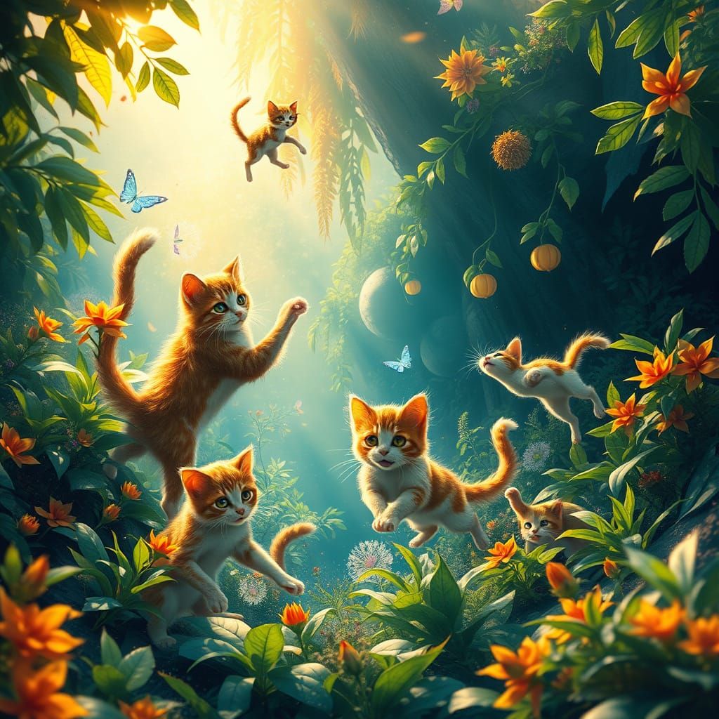 Felines Frolic in Whimsical Dreamlike Realm