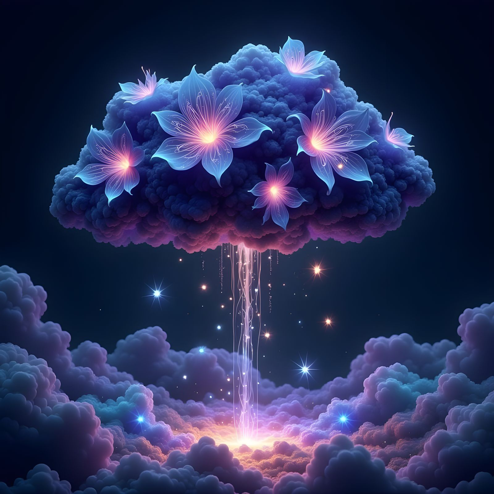 Celestial Cloudscape with Hyperrealistic Flowers and Stars