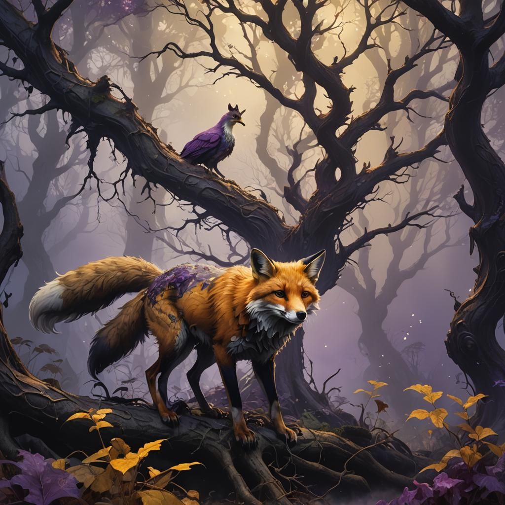 Mystical Fox Carrying Prey in Dark Fantasy Art