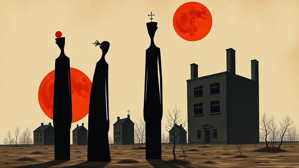 Surreal Figures in Barren Landscape, Expressionist Style