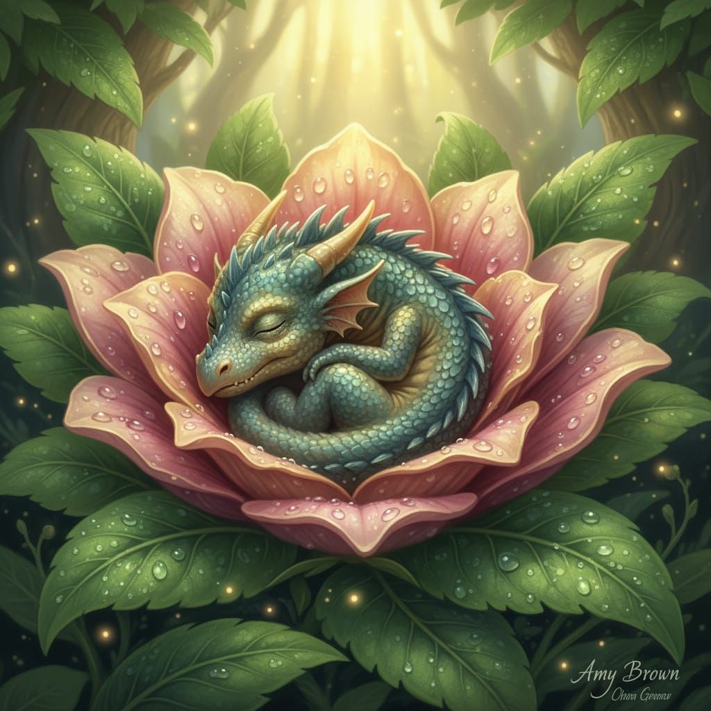 Adorable Baby Dragon Sleeping on Vibrant Flower
