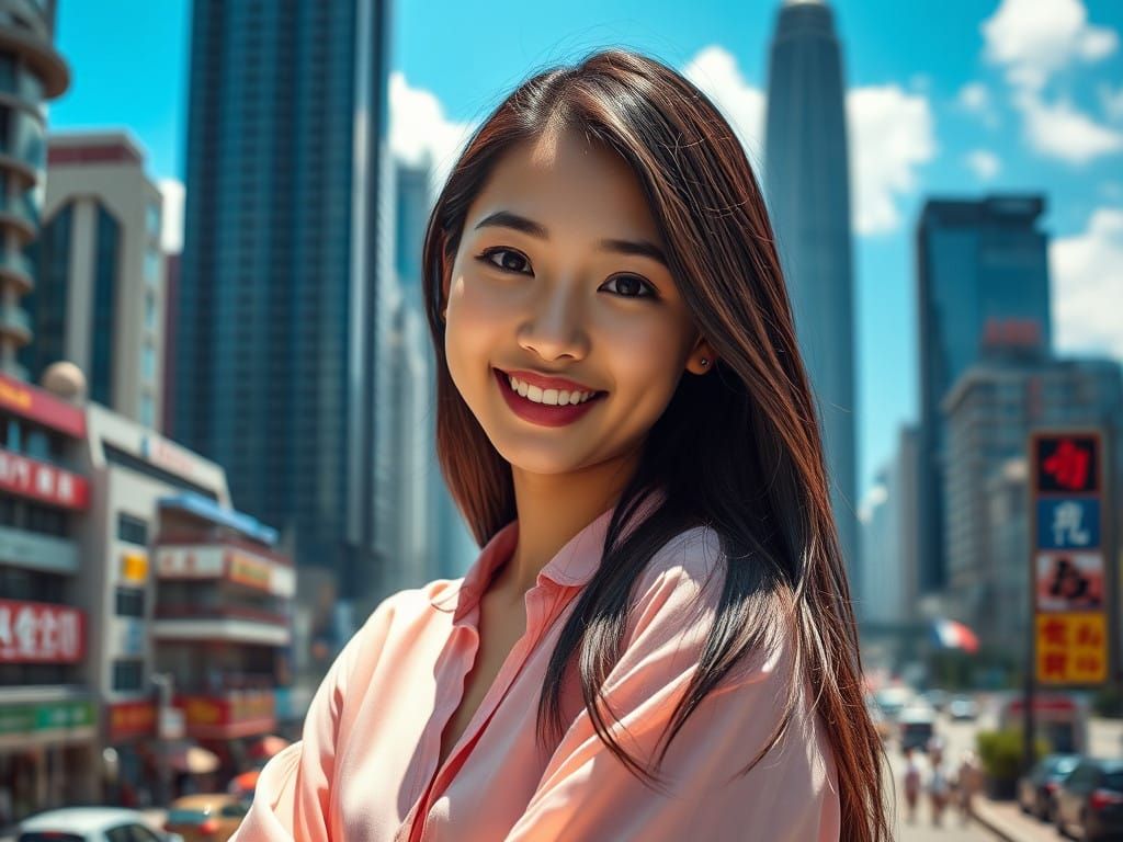 Asian Girl in Vibrant Cityscape with Warm Smile
