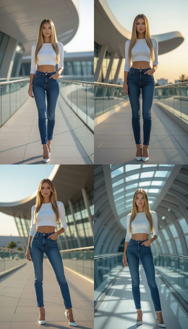 Woman in White Top and Blue Jeans on Runway