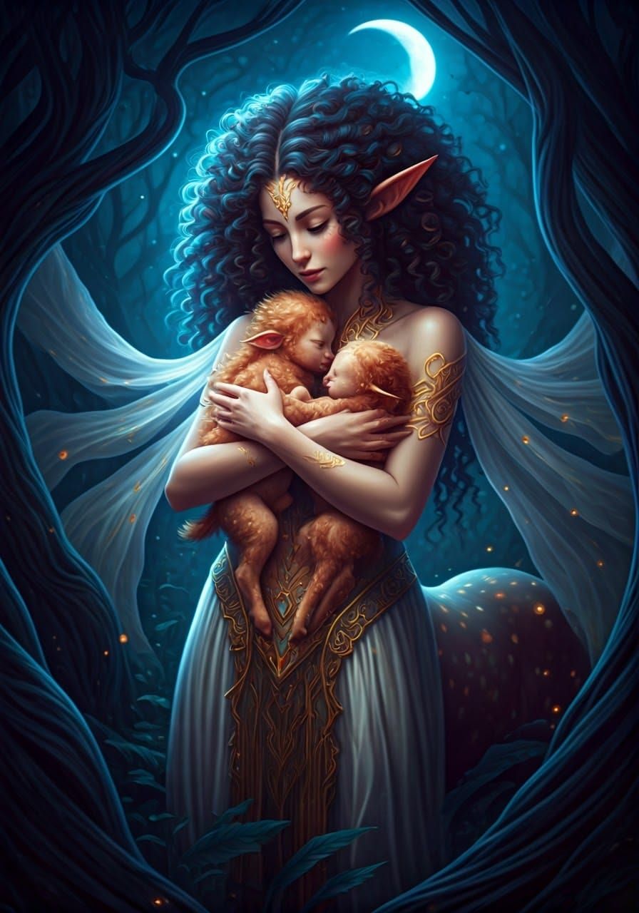 Elegant Elf Centaur Hugs Baby Centaurs