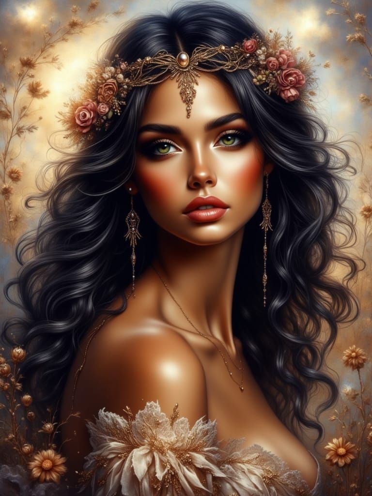 Divine Beauty with Golden Diadem in Astral Illustration