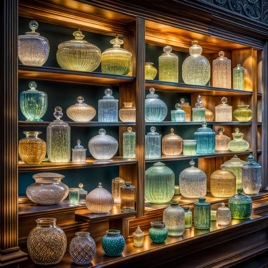 shimmering glass small, delicate, intricate crystal glass containers on shelves Amanda Sage