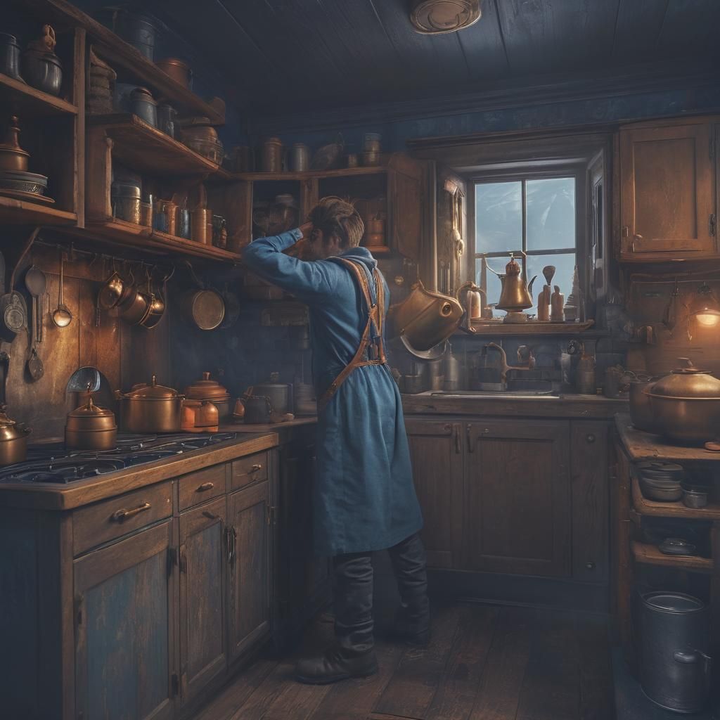 Cozy Kitchen: Man Reaching for Kettle in Dreamlike Art