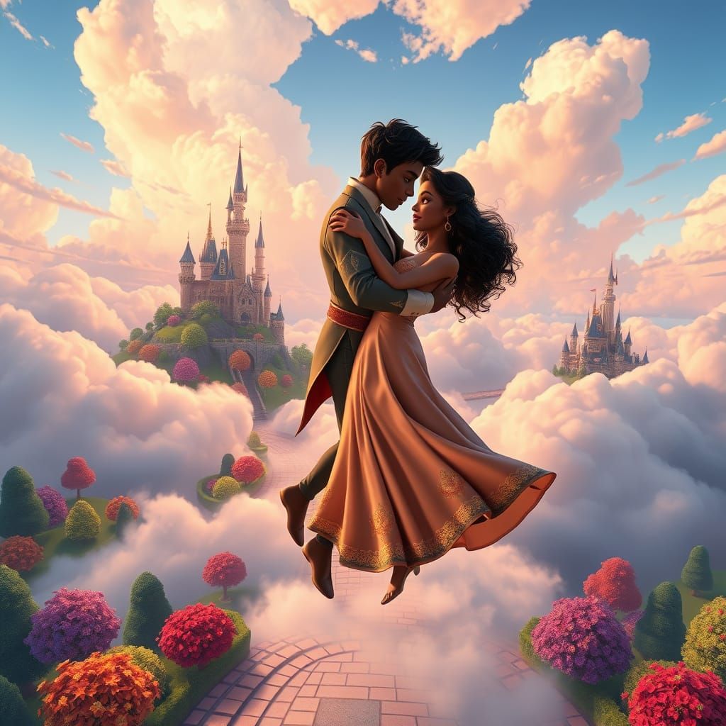 Royal Couple Dancing in Sky Utopia: Pixar Style