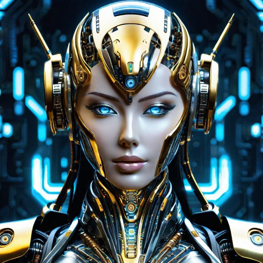 Futuristic Gold and Silver Cyborg Robot Portrait
