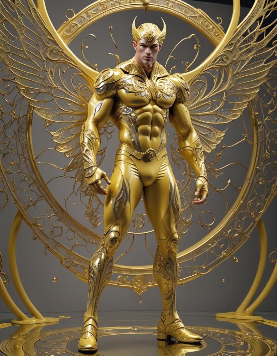 Muscular Winged Figure in Yellow Latex, Photorealistic