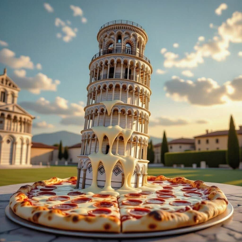 Leaning Tower of Pisa Made of Pizza