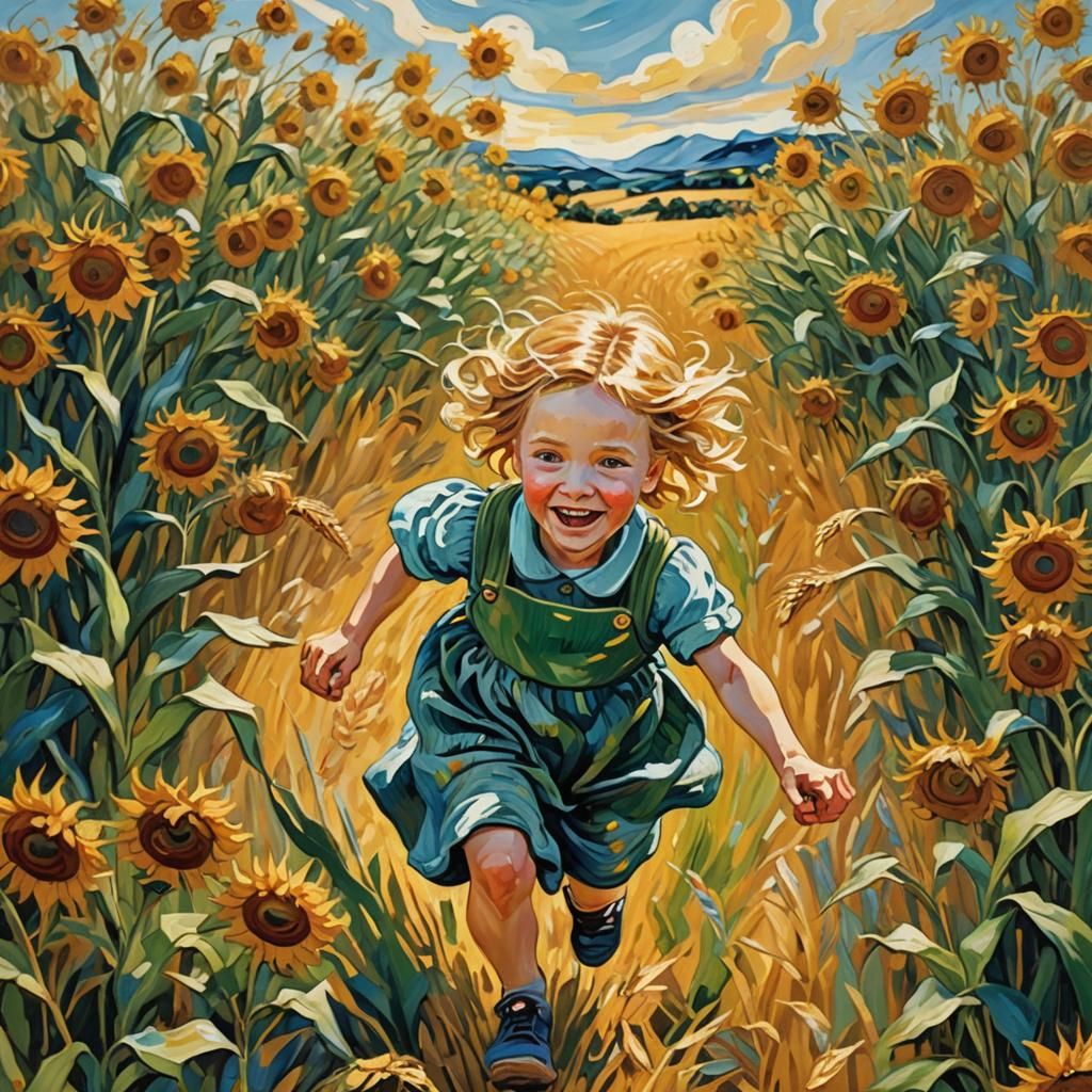 Child in Wheat Field, Van Gogh-Style Impressionism