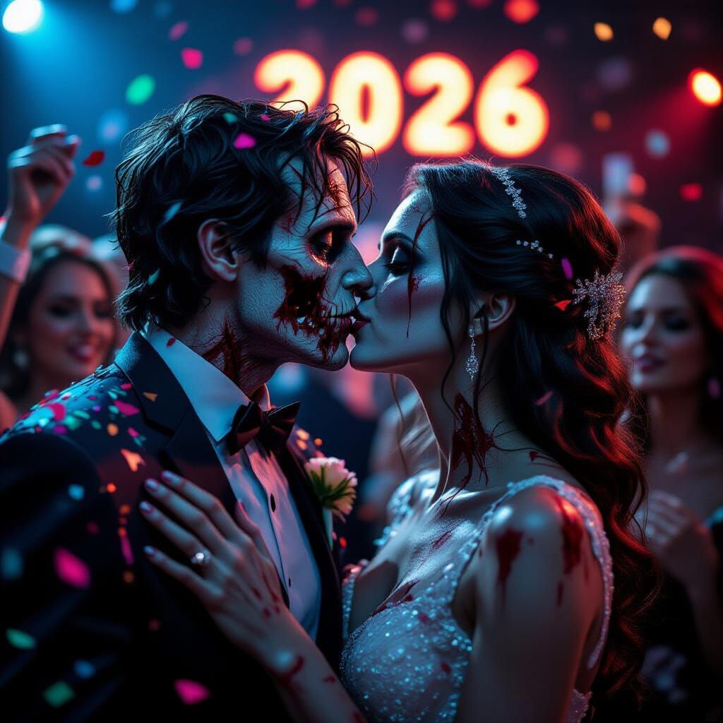 Zombie Couple's New Year's Kiss Amidst Chaos