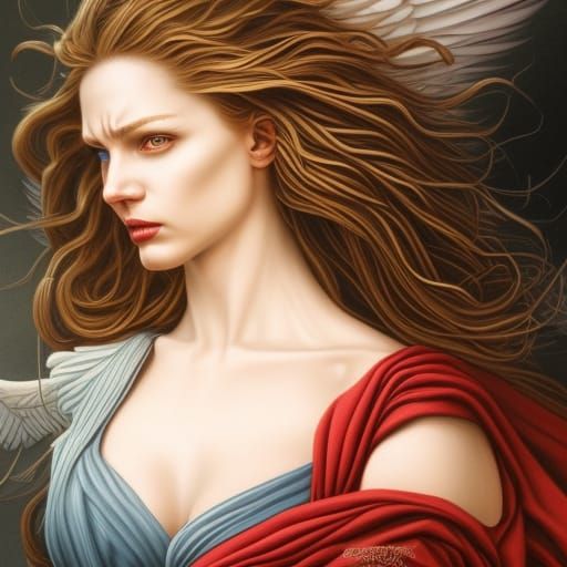 Ornate Oil Painting: Crimson-Haired Archangel in White Armor