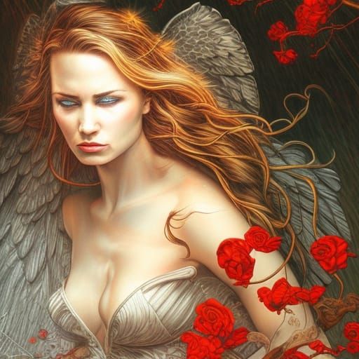 Archangel Portrait with Crimson Hair, Oil Painting