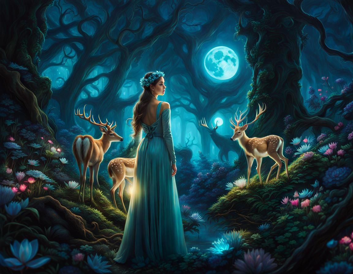 Bioluminescent Enchanted Forest with Elf Girl