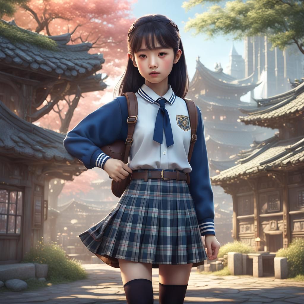 Korean Girl in Plaid Skirt: Fantasy Concept Art