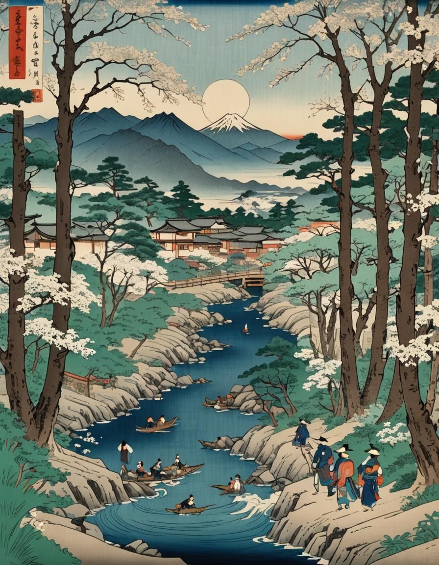 Tokaido Road Scenery in Ukiyo-e Style