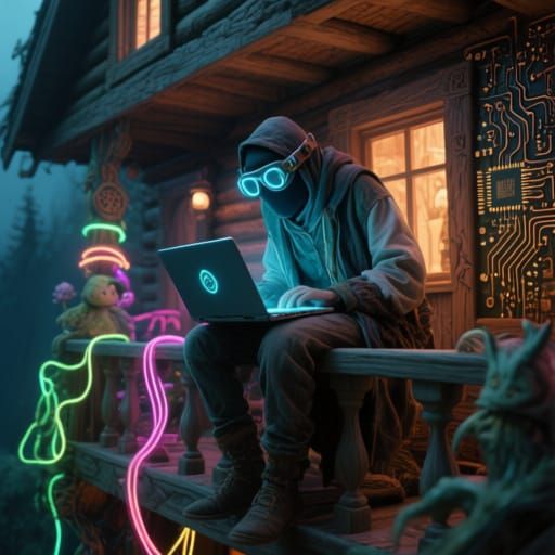 Cyberpunk Log Cabin Scene with Hacker