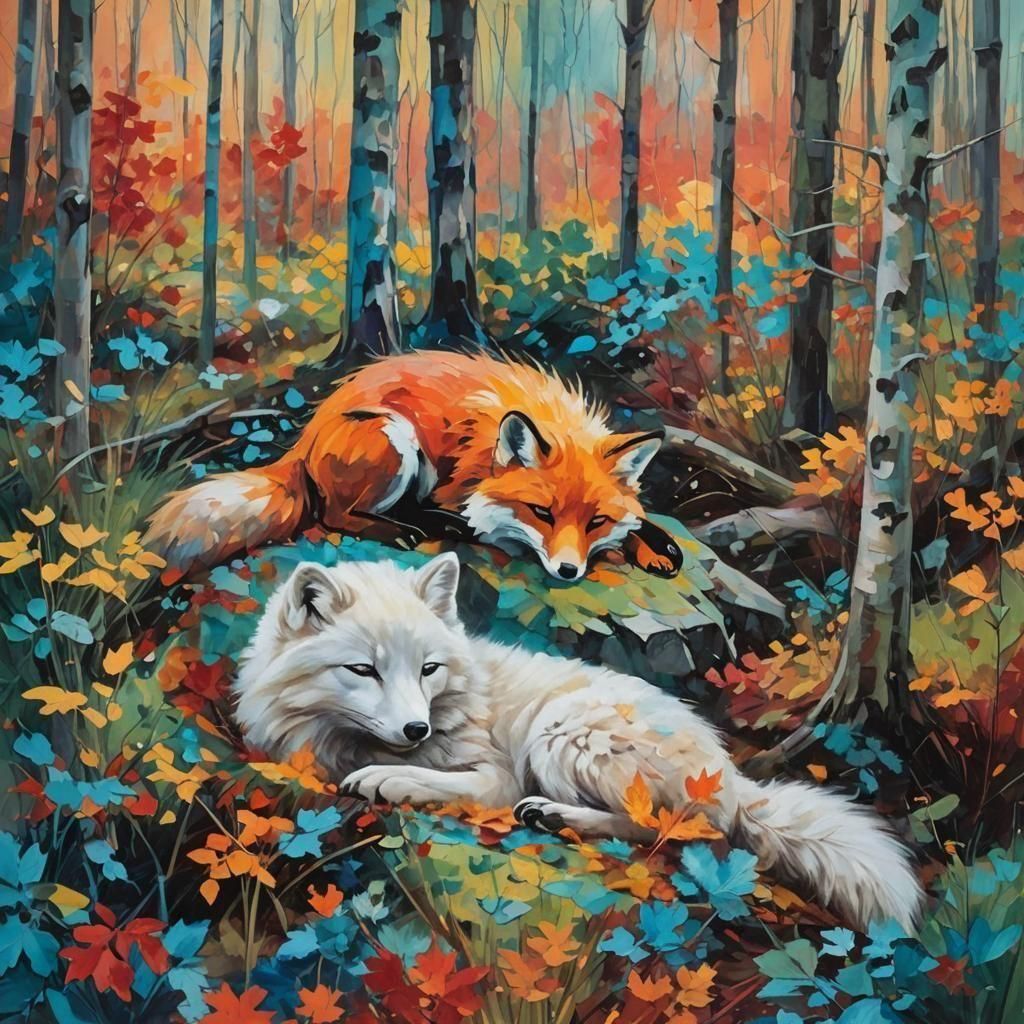Sleeping Foxes in Autumn Forest Abstract Art