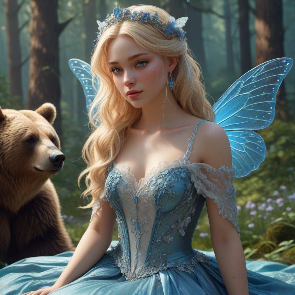 Ethereal Fairy Princess Beside Majestic Brown Bear