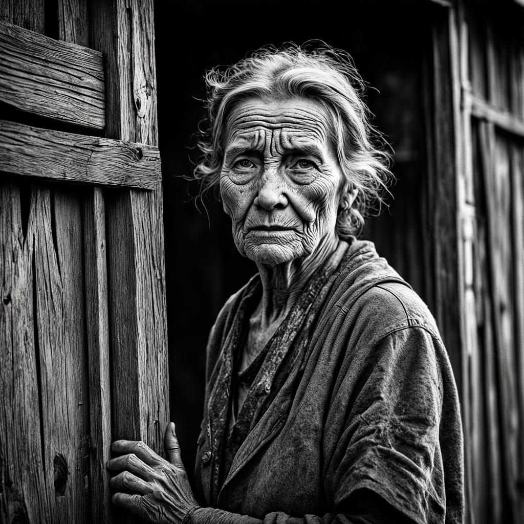 Weathered Woman in a Dusty Shanty, Dust Bowl Era Portrait
