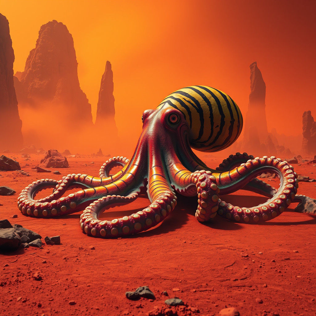 Tiger Octopus on Mars in Surreal Digital Art Style