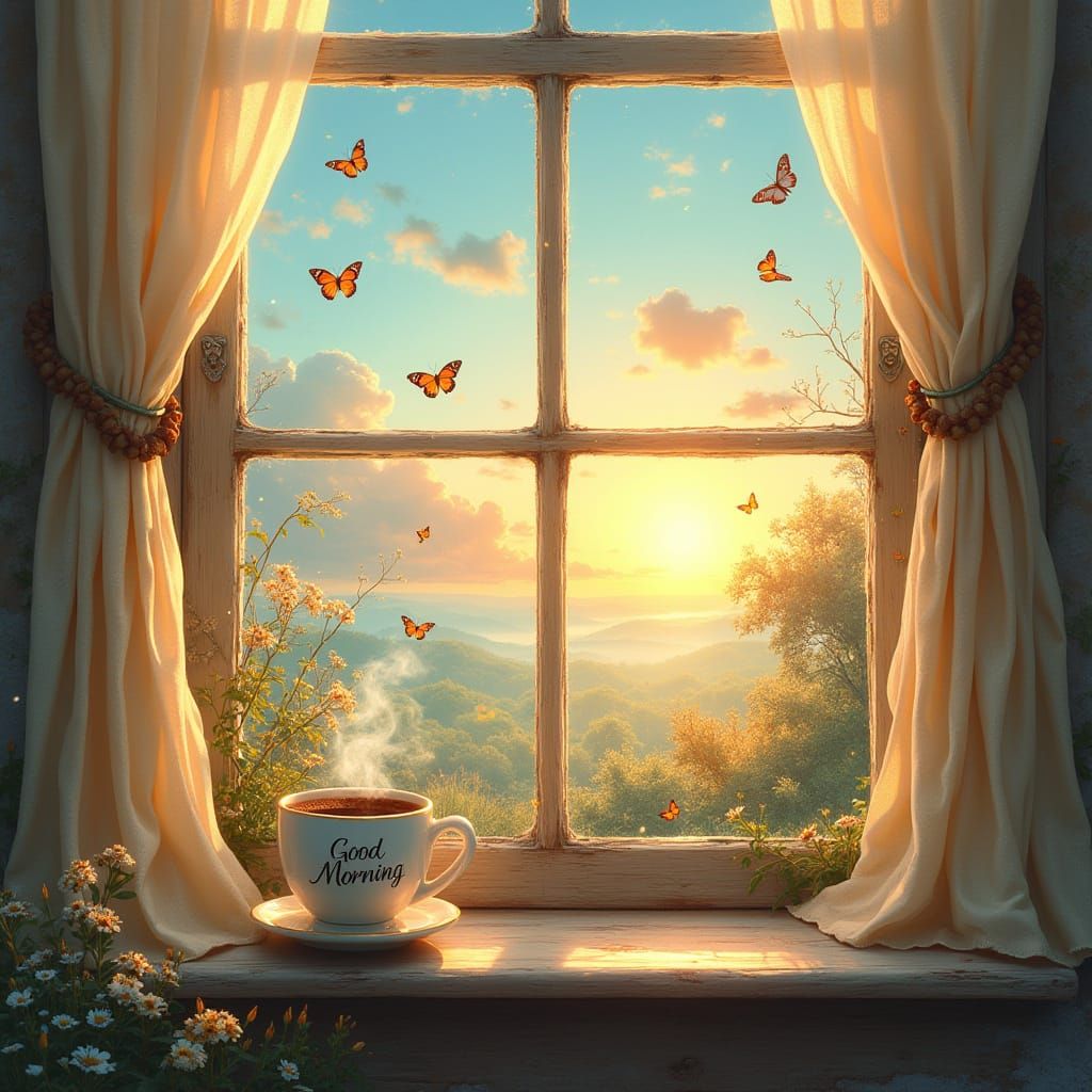 Warm Sunrise in Rustic Window Scene