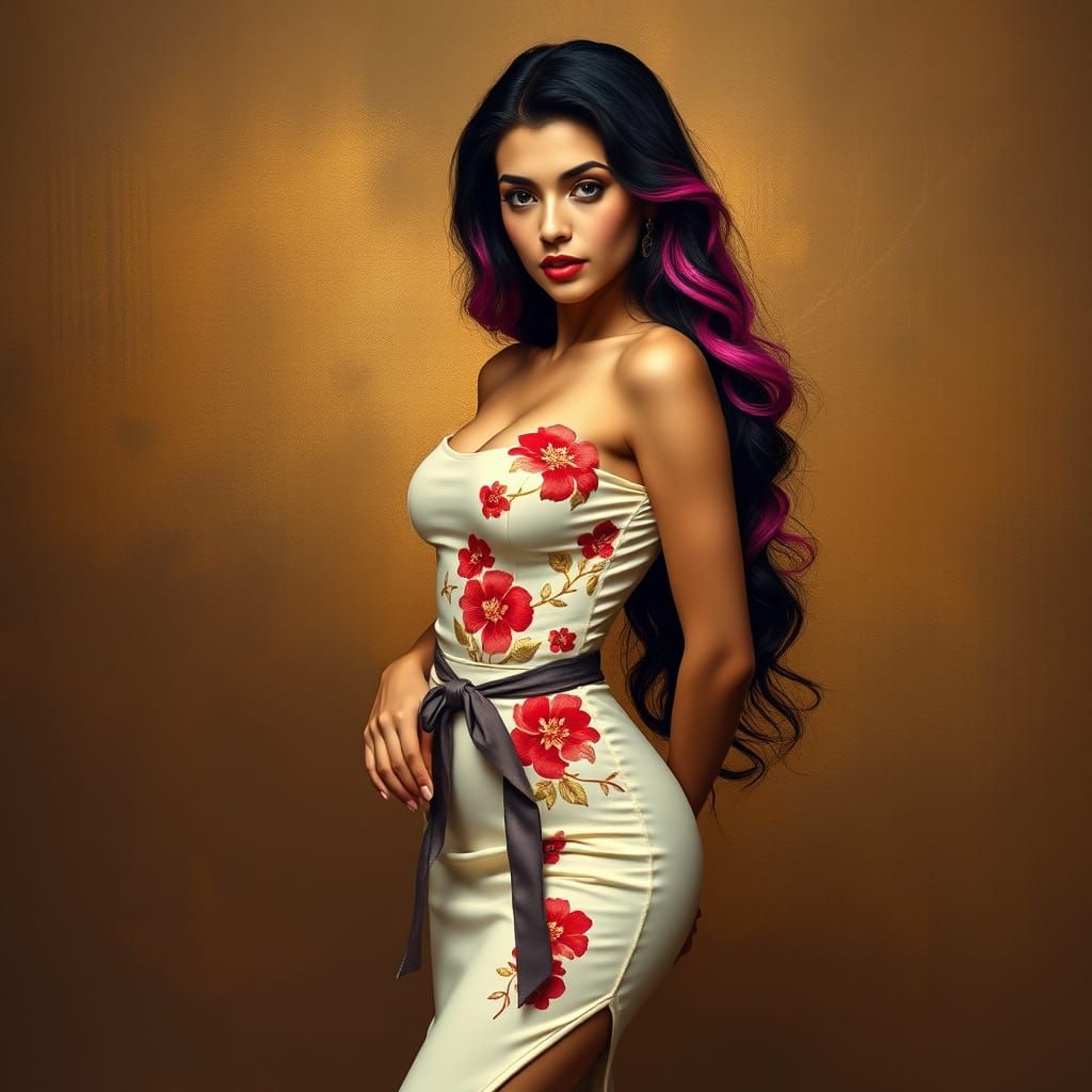 Mexican Woman in Embroidered Dress, Digital Art