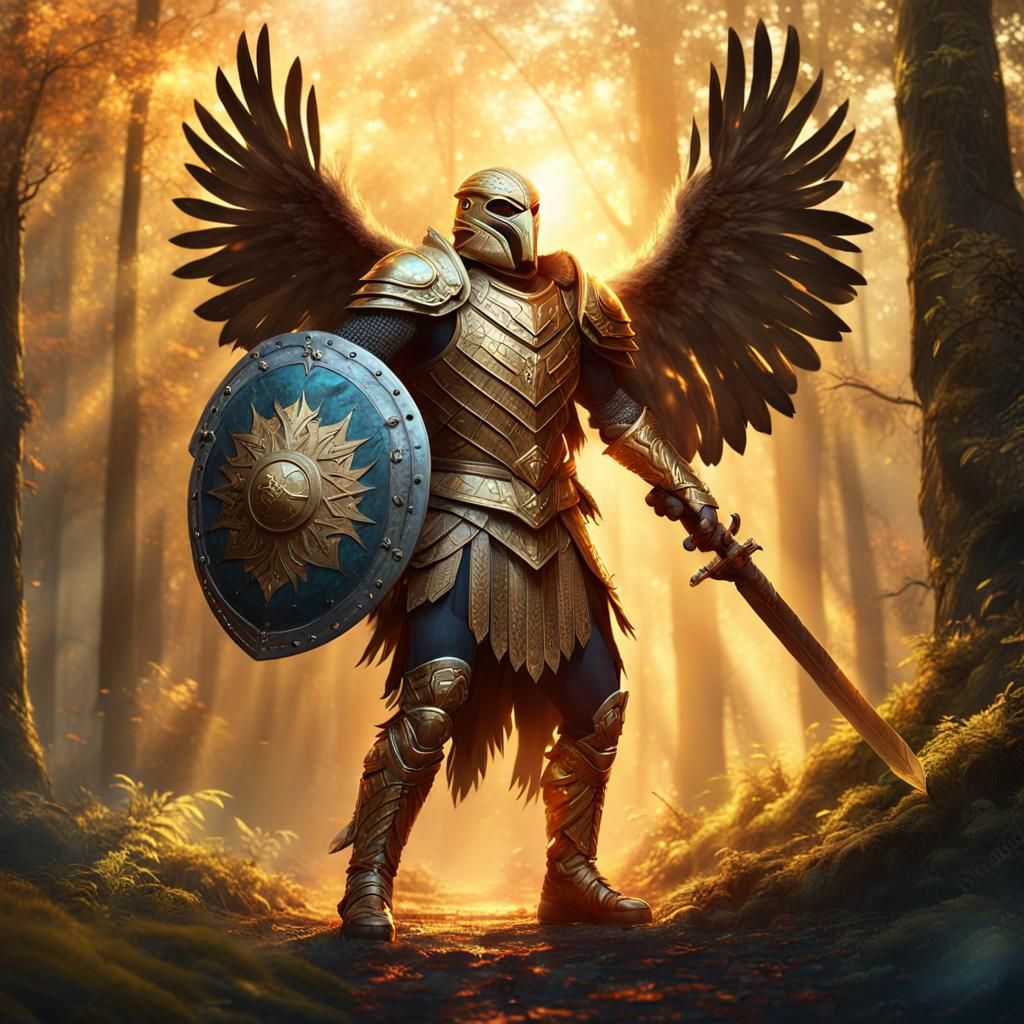 Avian Warrior in Mystical Forest Battle