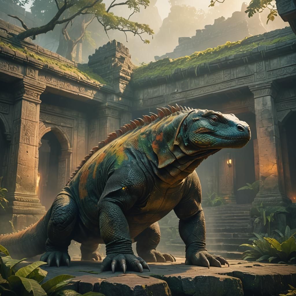 Komodo Dragon in Ancient Temple, 3D Art