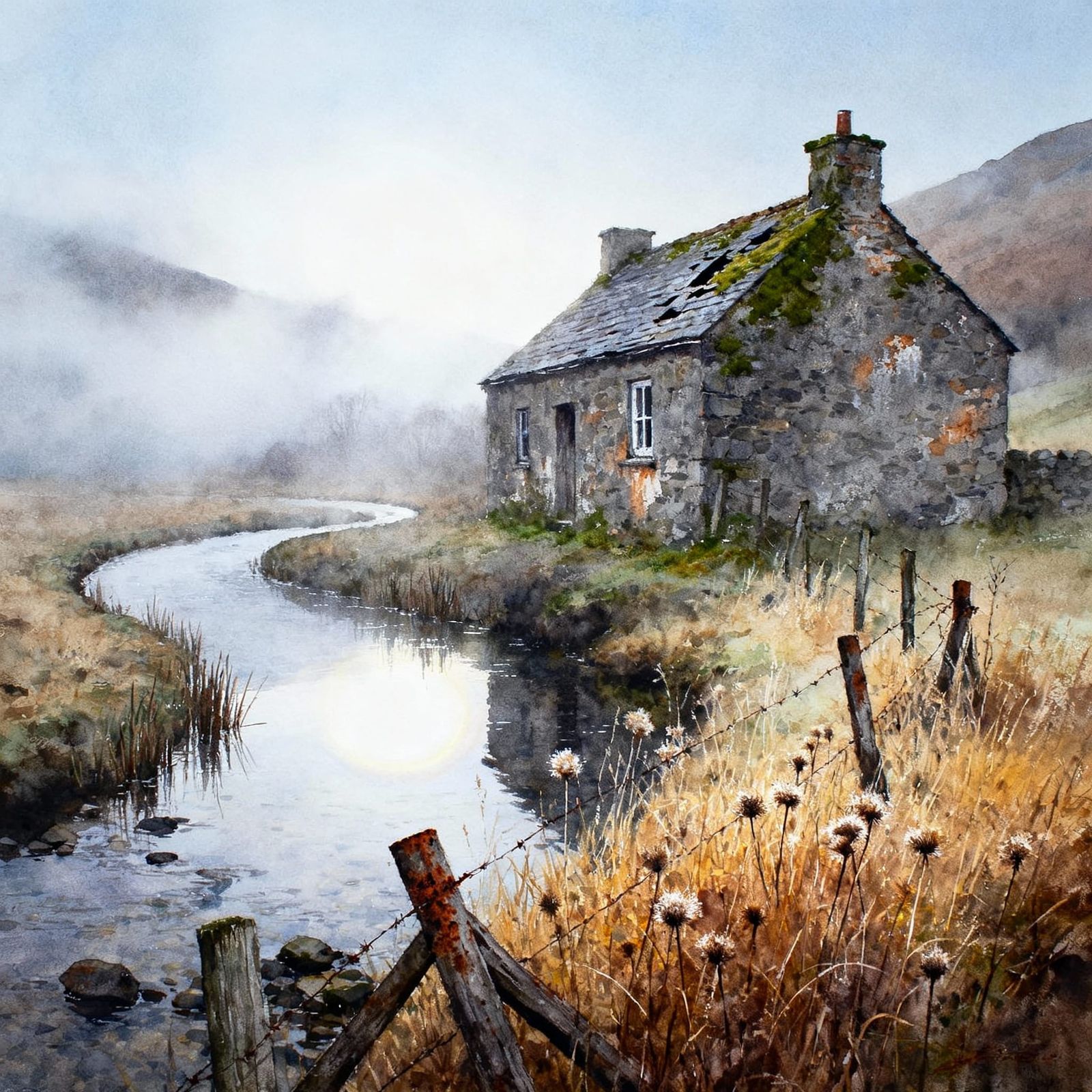 Atmospheric Tonal Landscape of a Weathered Stone Cottage