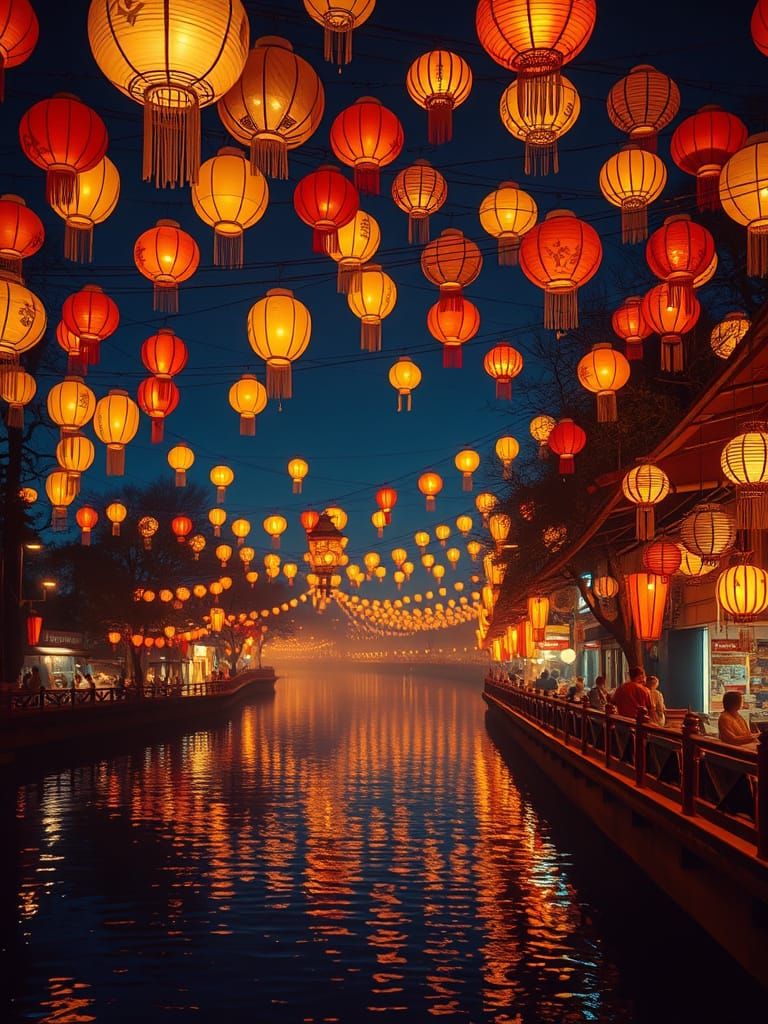 Golden Lanterns Glow in Twilight River Scene