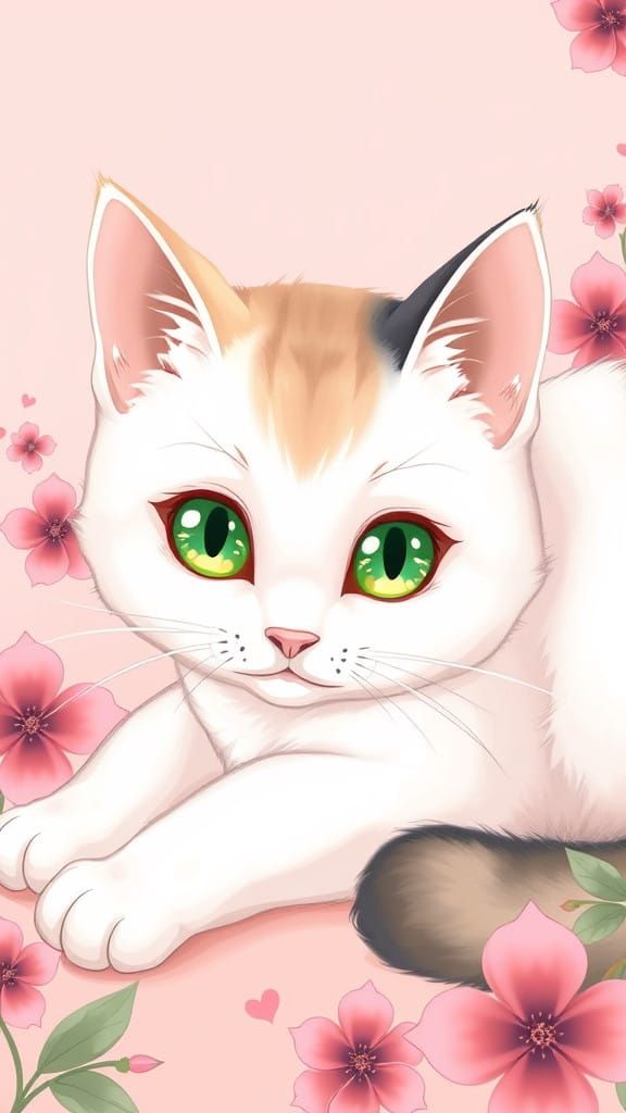 Kawaii White Cat in Pastel Hues with Green Eyes