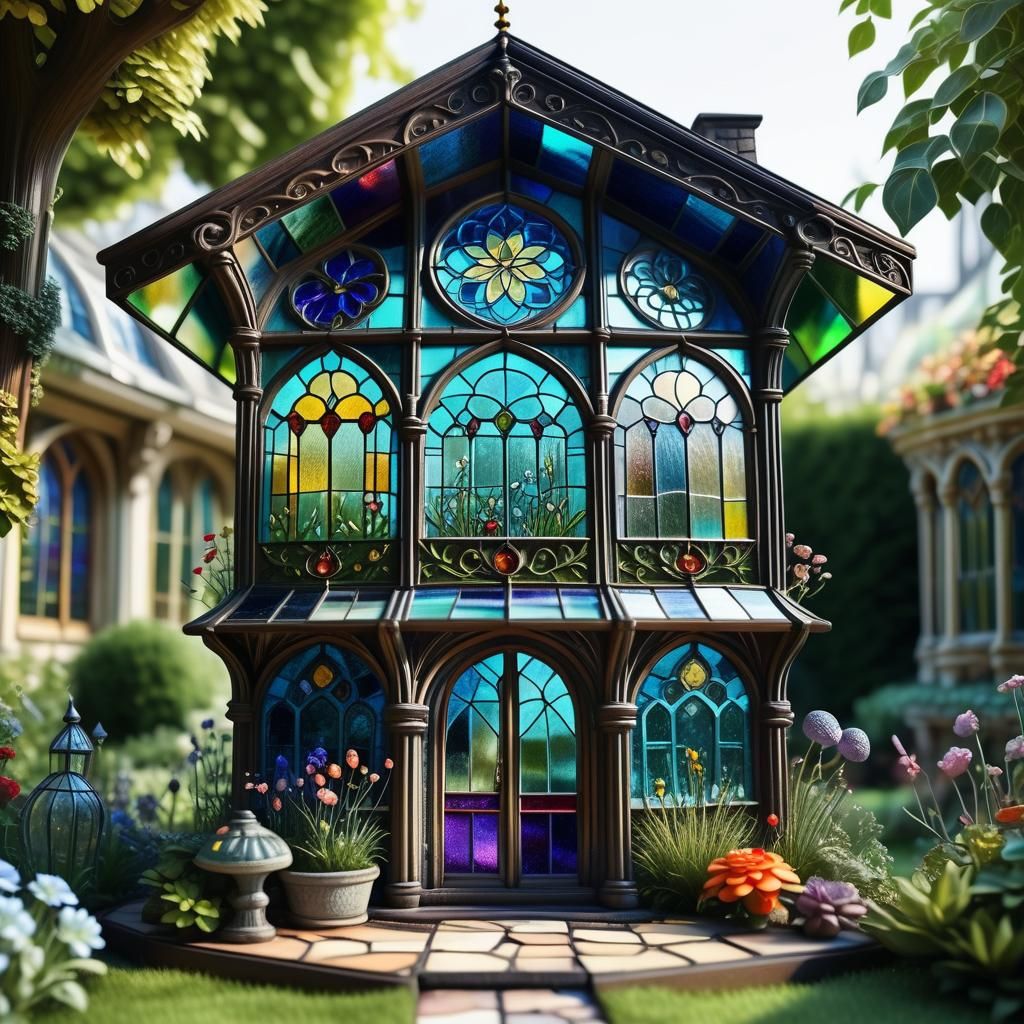 Ornate Stained Glass House in Vibrant Garden