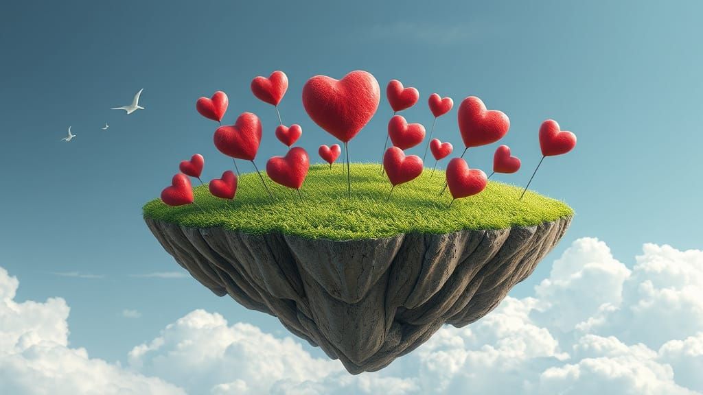 Whimsical Heart Island Soars in a Dreamlike Sky