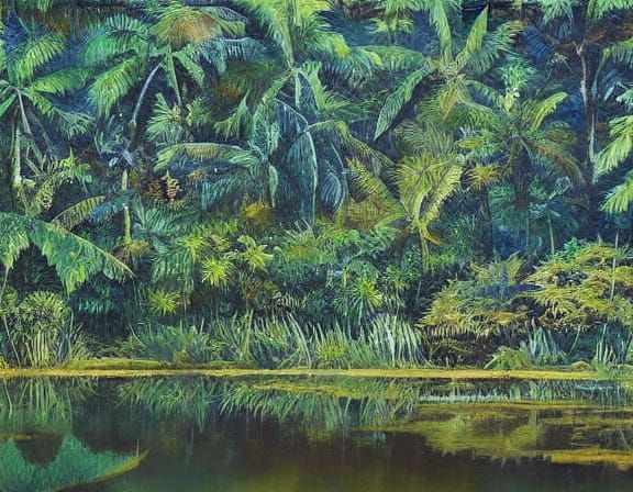 Ancient City Reflected in Serene Jungle Lake at Sunset