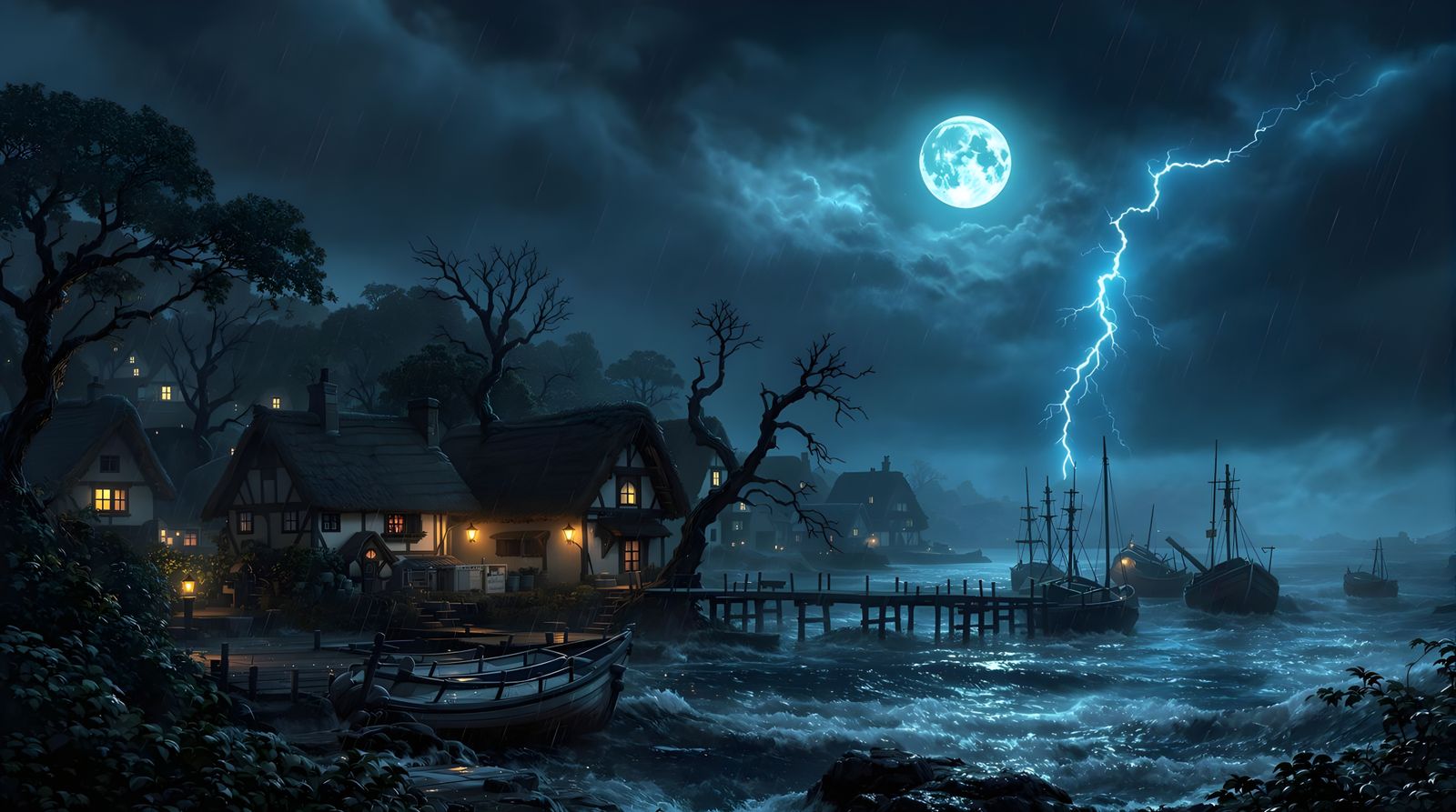 Stormy Coastal Town Under Dark Skies