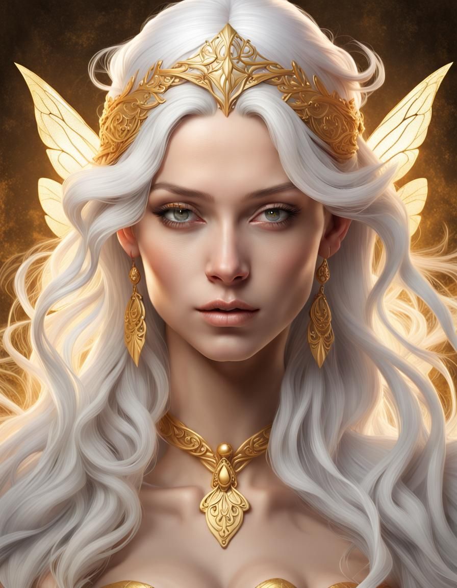Elegant White and Gold Fairy Portrait in 3D