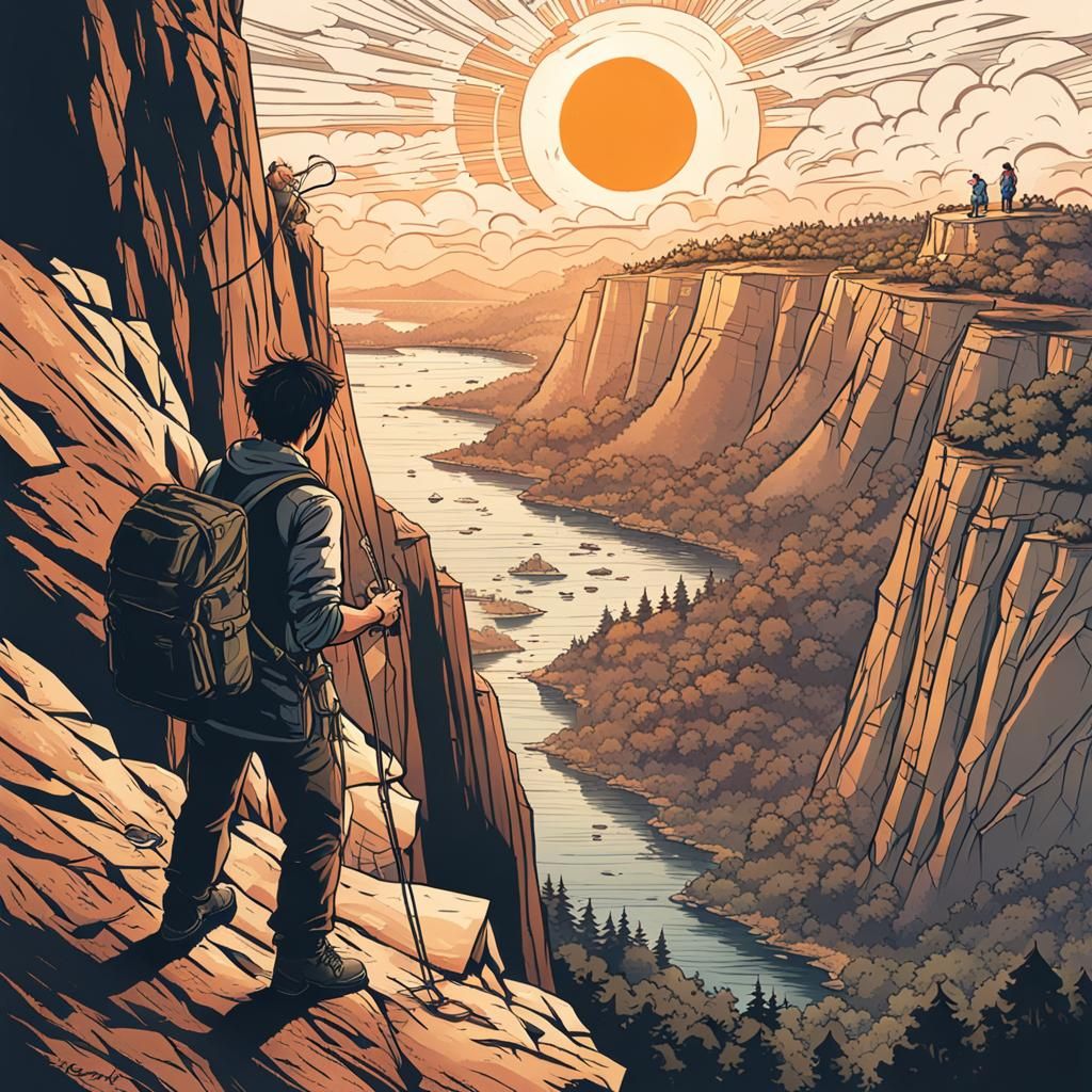 Adventurer on Cliff Edge at Sunset Ready to Rappel