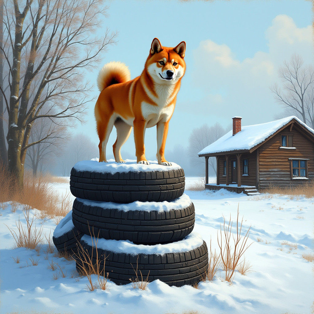 Shiba Inu Standing Proud in Ukrainian Winter Wonderland